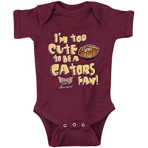 Smack Apparel Florida State Football Fans. Too Cute (Anti-UF) Garnet Onesie (NB-18M) or Toddler Tee (2T-5/6T)