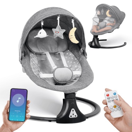Baby Swing for Infants: Electric Baby Swing Chair with Bluetooth APP/Remote Control - Baby Rocking Chair Cordless 5 Levels 12 Lullaby 3 Timer 3 Angle Portable Baby Bouncer for Newborn - Gray Black