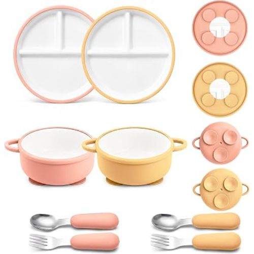 Daximo 8 Pcs Ceramic Baby Plates Set with Suction Sleeves, Spoons & Forks