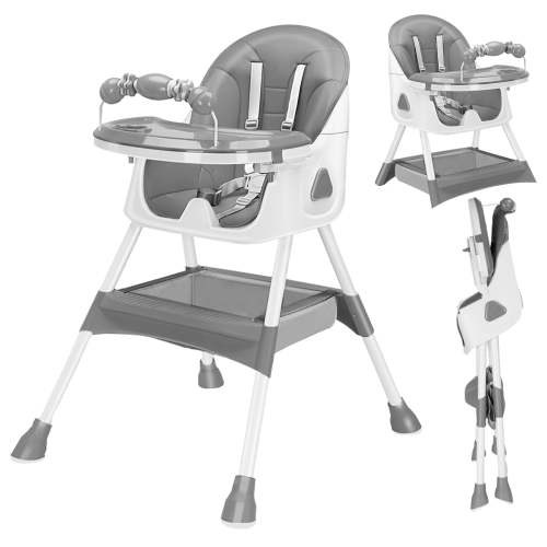 Kynorva 3-in-1 Baby HighChair, Foldable Portable Baby Dining Chairs Eat & Play Convertible High Chair with Double-Layer Dinner Plate and Toy Rack (Gray)