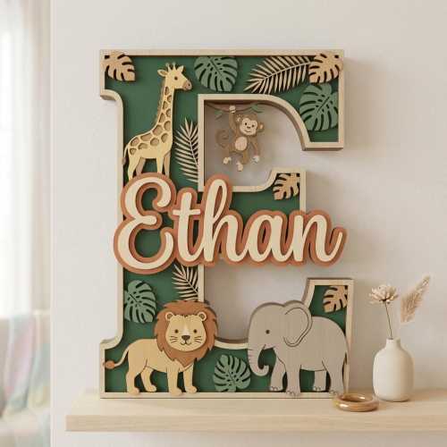 Safari Nursery Name Sign, Personalized Jungle Wall Decor, 3D Safari Animal Wood Name Plaque, Custom Baby Room Safari Jungle Nursery Gift