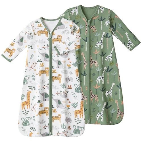 Baby Sleep Sack 6-12 Months, Long Sleeve Baby Wearable Blanket 0.5 Tog with Mittens, 2-Way Zipper Infant Cotton Sleeping Sack for Boy and Girl Green Giraffe 2 Pack (Medium)