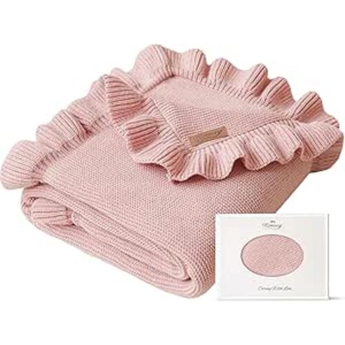 Konssy Knit Baby Blanket with Ruffle Edge, Ultra-Soft Receiving Baby Blankets for Girl, Boy, Nursery Swaddle Wrap for Newborns, Boho Stroller Cover & Registry Gift (Pink)