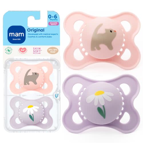 MAM Original Baby Pacifier 0-6 Mths, Skin Soft Silicone Nipple, 2 Pack | For Newborn Babies, BPA-Free Skin Soft Silicone Nipple, Developed With Medical Experts, With Sterilizer Case, Made In Europe