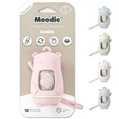 Teddy Bear Diaper Bag Dispenser | Diaper Trash Bags on the Go Dispenser w/Silicon Strap | 15 UNSCENTED Baby Poop Bags per Roll | Dirty Diaper Bags Disposable | Diaper Waste Bags (ROSIE PINK)
