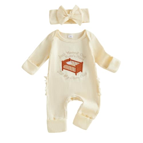 allshope Infant Baby Girl Fall Outfit Romper Ribbed Embroidery Jumpsuit Long Sleeve Bodysuit Cute Newborn Clothes