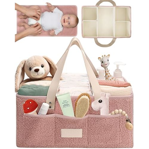 Toodly Baby Diaper Caddy Organizer with Portable Changing Mat - Teddy Fleece Diaper Organizer for Changing Table - Basket for Changing Essentials - Baby Essentials Organizer with Removable Dividers
