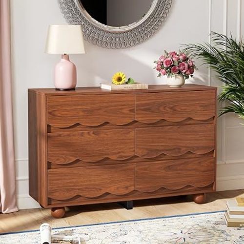 Walnut Scalloped 6 Drawer Dresser, Mid Century Storage Chest of Drawers