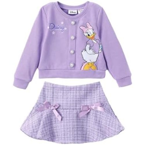 Disney Frozen Elsa Stitch Princess Moana Minnie Toddler Girl 2 Piece Outfit Kid Pearl Button Knit Top & Tweed Skirt Set 2-13Y