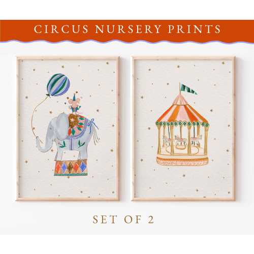 Circus & Carousel Print |Vintage Nursery | Fun Fair Illustrations | Painted illustration | Unframed Print | baby child artwork | Set of 2