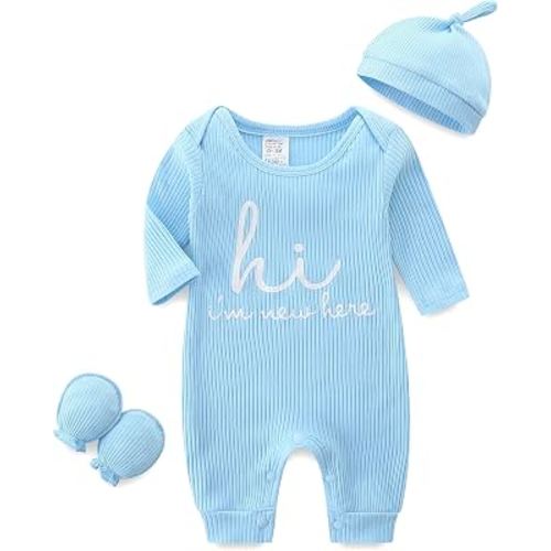Babymine Newborn Coming Home Outfit Unisex Baby Clothes with Mittens & Hat | Cute Newborn Baby Shower Gifts for Boys and Girls,Soft Hi Im New Here Newborn Photography Outfit,Baby Registry Search