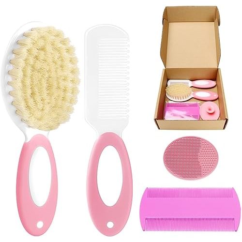 Baby Hair Brush and Comb Set, 4Pcs Baby Soft Bristles Brush Cradle Cap Brush Hair Comb for Newborns Toddlers Boys Girls (Pink)