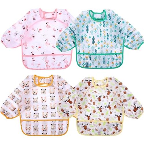 Accmor 4 Pack Long Sleeve Bibs, Baby Smock Waterproof Sleeved Bib Smock for Baby Toddler 6-36 Months