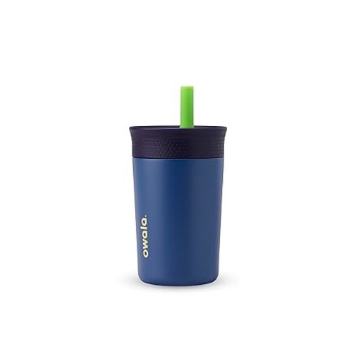 Owala Kids Insulation Stainless Steel Tumbler with Spill Resistant Flexible Straw, Easy to Clean, Kids Water Bottle, Great for Travel, Dishwasher Safe, 12 Oz, Navy and Blue (Home Base)