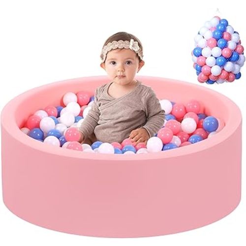 Foam Ball Pit for Toddlers with 100 Balls, Large Baby Ball Pit for Babies with Soft Memory Sponge, Indoor Outdoor Baby Playpen, Kids Play Ball Pool (Pink with 100 Balls, 34 x 11.5 Inch)