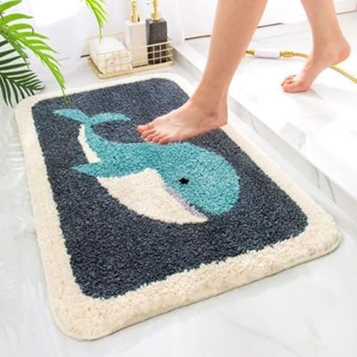 IcosaMro Grey Whale Bath Rug - Soft, Absorbent, Machine-Washable Non-Slip Bath Mat, 20x31.4 Inch