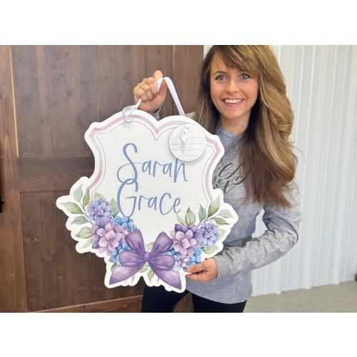 Baby Girl Hospital Door Hanger - Baby Name Sign - Birth Announcement Sign - Birth Stat Sign -  Purple and Blue Flowers Baby Crest