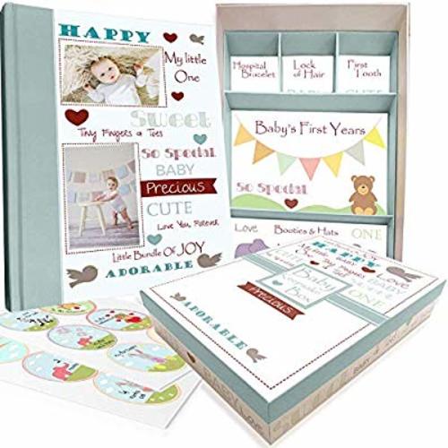 Baby Memory Book with Keepsake Box and  30 Monthly Baby First Milestone Stickers - Gender Neutral First Year Scrapbook Journal - Baby Photo Album for Boys and Girls
