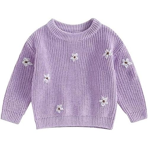 Mubineo Baby Girl Winter Clothes Cute Flower Sweater Crewneck Pullover Long Sleeve Knit Newborn Infant Sweaters (US, Age, 6 Months, 9 Months, Purple)