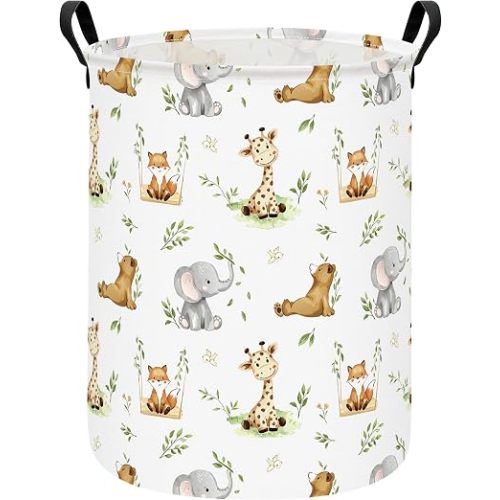 Round Laundry Basket Collapsible Storage Hamper Organizer Jungle Animals