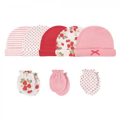 Hudson Baby Infant Girl Cotton Cap and Scratch Mitten 8pc Set, Strawberries, 0-6 Months