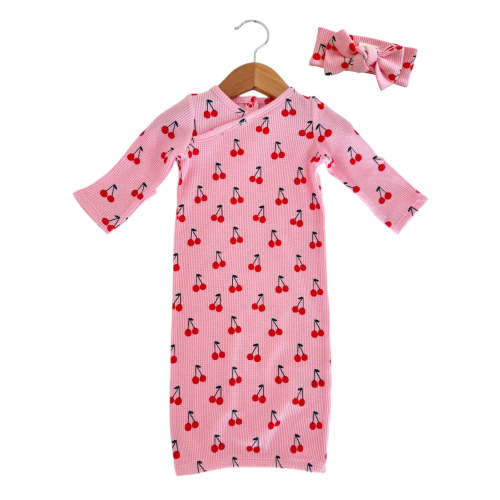 Organic Waffle Gown & Bow Set, Pink Cherries