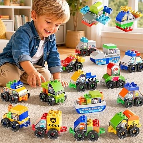 Toddlers Car Building Blocks Set, 16Pcs Different Vehicles, Build Your Own Toy Cars, STEM Learning Toy for Ages 3-5, Gifts Toys for 3 4 5 4 7 8 Year Old Boys Girls