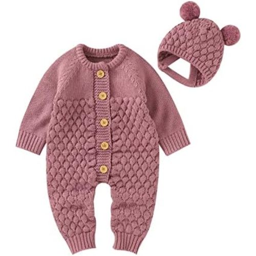 Newborn Baby Boy Girl Winter Clothes Knitted Sweater Romper Crewneck Solid Color Jumpsuit Hat Infant Fall Outfit