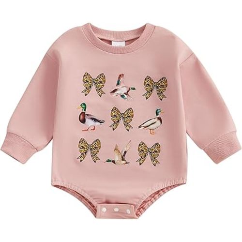 Newborn Baby Boy Girl Hunting Clothes Mallard Duck Bow Sweatshirt Romper Long Sleeve Bubble Romper Bodysuit Outfit