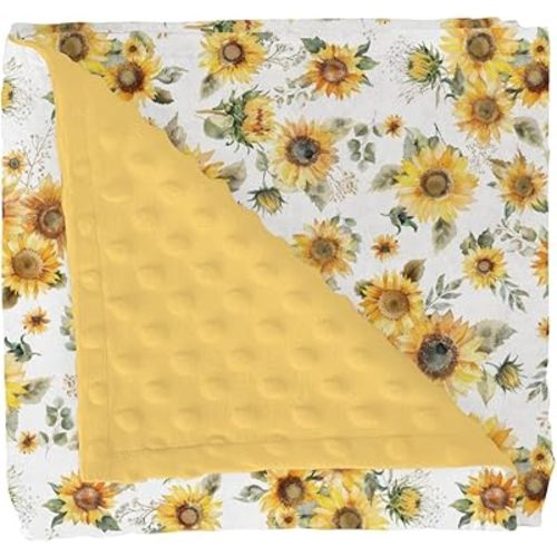 Yellow Sunflower Floral Baby Blankets for Girl Boy Boho Sunflowers Leaves Soft Mink Dotted Backing Double Layer Swaddle Receiving Blanket Summer Spring Garden Bed Throw for Newborn Toddler Crib 30x40