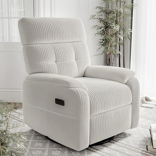 Claiks Power Swivel Rocker Recliner Chair, Oversized Recliner Chairs for Adults, Corduroy Overstuffed Reclining Chair with USB and Type-C Ports for Living Room, White