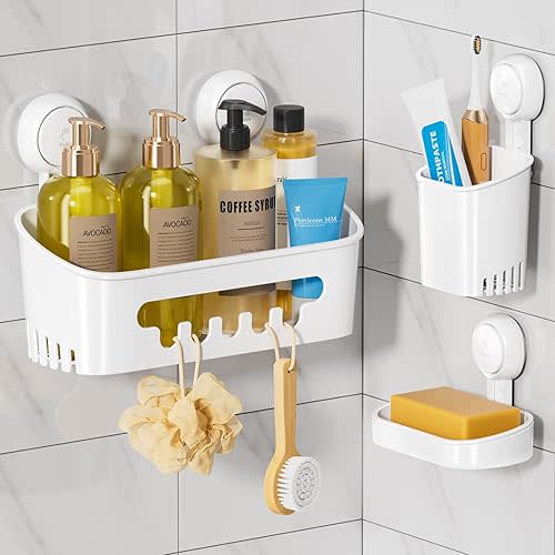 LEVERLOC Shower Caddy Suction Cup Set Shower Organizer & Soap Holder & Toothbrush Holder, Bathroom Shelf Basket NO-Drilling, Removable Suction Storage Waterproof Bathroom Caddy, White
