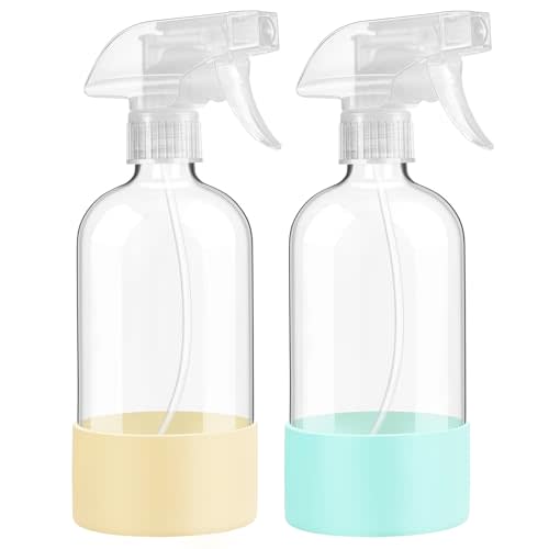 Glass Spray Bottles with Silicone Sleeve Protection, 16 oz 2 Pack, Reusable Spray Bottles with Adjustable Nozzle for Hair, Cleaning Solutions, Plants, Pale Yellow&Mint Green