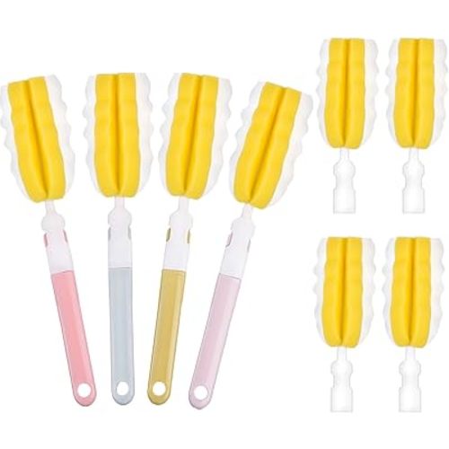 INVODA 4PCS Bottle Brush Long Handle Cup Cleaner Brush Sponge Bottle Scrubber Replaceable Brush Head Portable Bottle Cleaning Brush for Baby Bottle Dishwashing Kitchen Clean Mugs (4PCS+ 4 Brush heads)