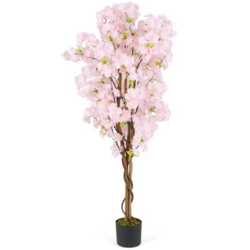 Costway 5 FT Tall Artificial Cherry Blossom Tree Faux Flower Plant in Nursery Pot