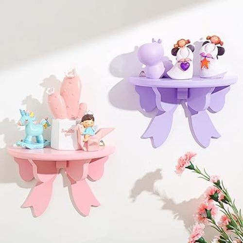 2 Pcs Bow Floating Shelves Kawaii Shelf Book Stand Farmhouse Rustic Corner Wall Shelf Wooden Bow Tie Rack Princess Room Decor for Nursery Home Bedroom Office Wall Decor(Pink,Purple)