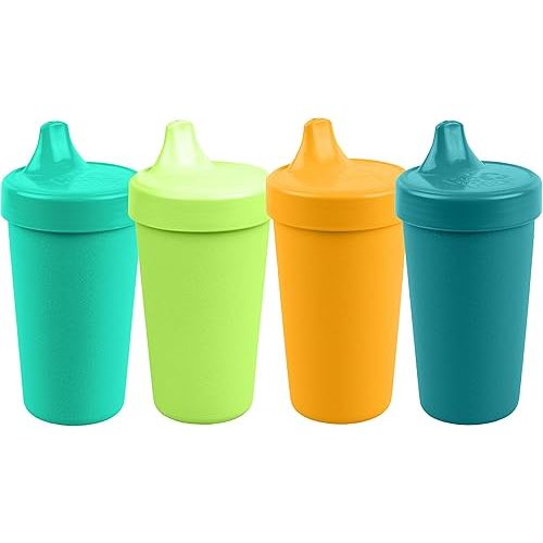 Re-Play Spill-Proof Sippy Cups for Toddlers - Kids Reusable 10 Oz Set of 4, Dishwasher & Microwave Safe, Made in USA, Aqua Asst.
