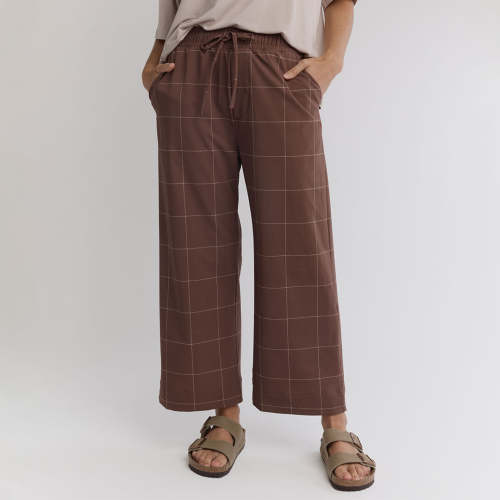 Audrey Mid Rise Wide Leg Pants, Brown/Cream Windowpane