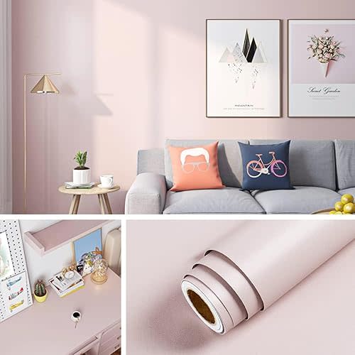 Livelynine 15.8x394 Light Pink Contact Paper Peel and Stick Wallpaper for Bedroom Girls Kids Room Removable Adhesive Wall Blush Wallpaper for Bathroom Nursery Dorm Classroom Locker Desk Cabinet Cover