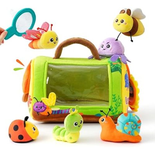 Baby Toys 6-12 Months, Insect House Sensory Toy Set with Rattle, Crinkling Parts and Mirror, Montessori Toy for 1-3, Plush Gift for Boys and Girls(Green)