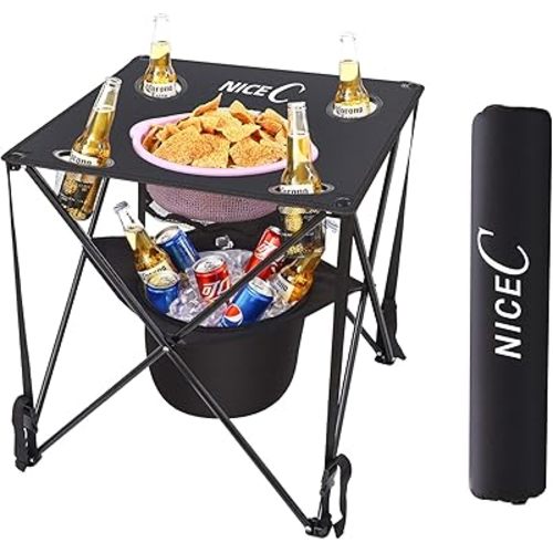 Nice C Camping Cooler with Table, Canvas Table, Tailgating & Beach Tables, Ultralight Compact with Carry Bag for Outdoor, Portable Drink Table Picnic