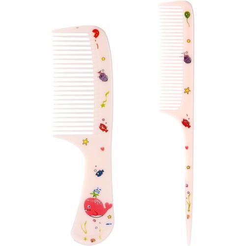 2pcs Pink Cute Hair Combs Set for Girls, Fine Tooth Comb & Rat Tail Styling Comb, Mini Baby Plastic Hairbrush Tools Accessories for Toddlers Kids Women All Hair Types (Whale)
