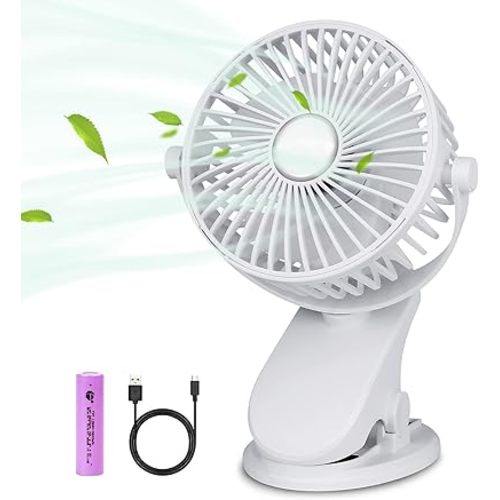 Battery Operated Clip on Stroller Fan, Portable Mini Desk Fan Rechargeable, USB Powered Clip Fan for Baby Stroller Office Outdoor Travel, White