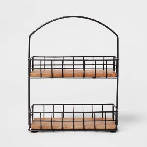 Iron and Mangowood 2-Tier Wire Spice Rack Black - Threshold™: Spice Organizer, Freestanding Kitchen Rack