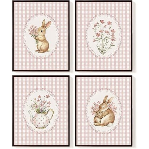 SkyCozy Pink Bunny Floral Wall Art for Bunny Nursery Decor, Pink Plaid Rabbit Easter Wall Art for Baby Girl Nursery Room Bedroom Decor, Easter Poster & Prints 8x10Inch Set of 4 (UNFRAMED)