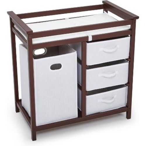 Baby Changing Table with Dresser, Wooden Diaper Changing Station with 3 Drawers, Laundry Hamper & Changing Pad, Nursery Storage Organizer