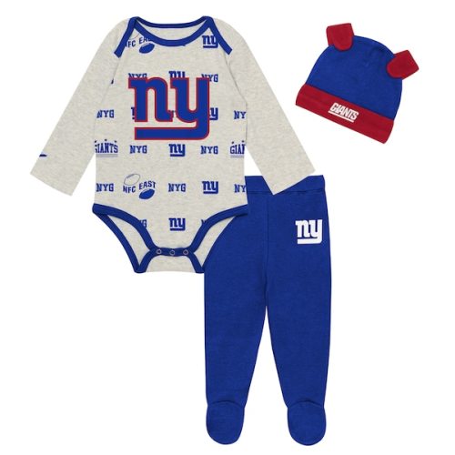 New York Giants Outerstuff Newborn Huddles & Giggles 3-Piece Pant and Hat Set - Heather Gray