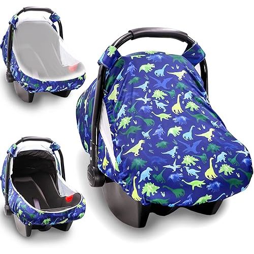 Breathable Baby Car Seat Cover, Extra Large Mesh Window for Summer, Lightweight Infant Windproof Canopy, Must-Have Baby Gift, Dinosaur