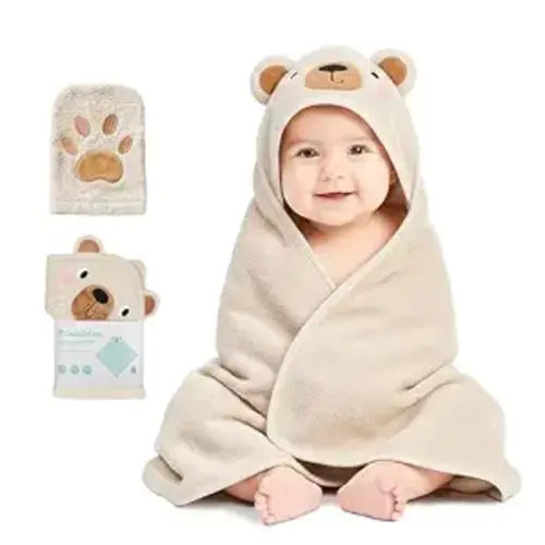 CuddleBug Hooded Baby Bath Towel & Washcloth Set (Bear) - 100% Cotton Terrycloth Hooded Baby Towels for Newborn & Toddler - Super-Soft & Absorbent, Newborn Essentials (33" x 33") - Honey Beige