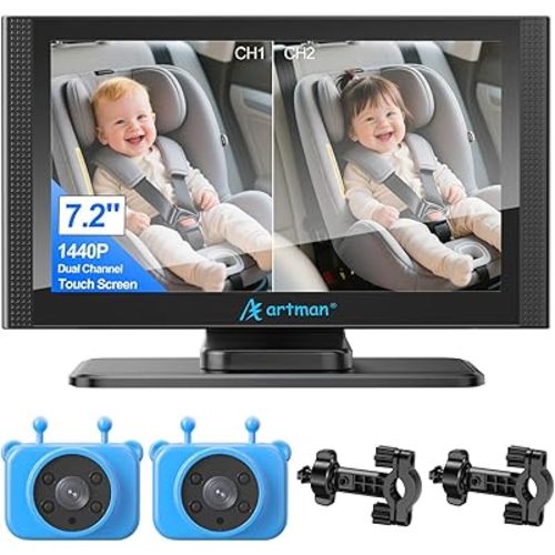 Artman Baby Car Camera for 2 Kids, Baby Car Monitor with 7.2'' HD 1440P IPS Touch Screen, Dual IR Night Vision Cameras, Easy No-Damage Install Ideal Car Seat Monitor for Parents and Pet Owners